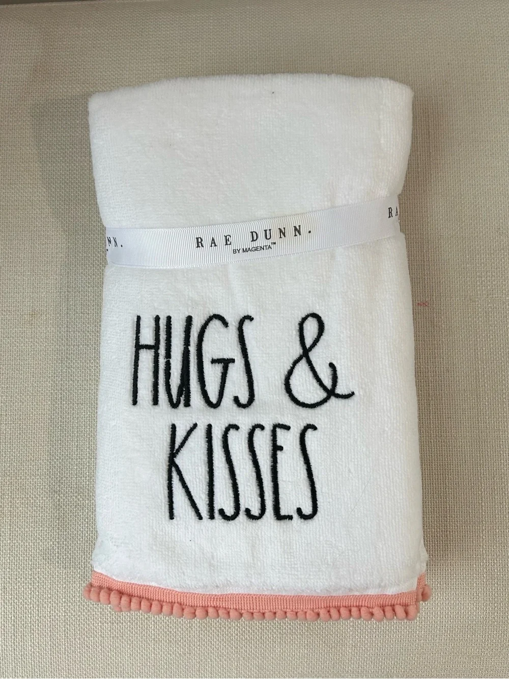 Rae Dunn Hugs & Kisses White Plush Throw Blanket Pink Pom Pom Trim NWT